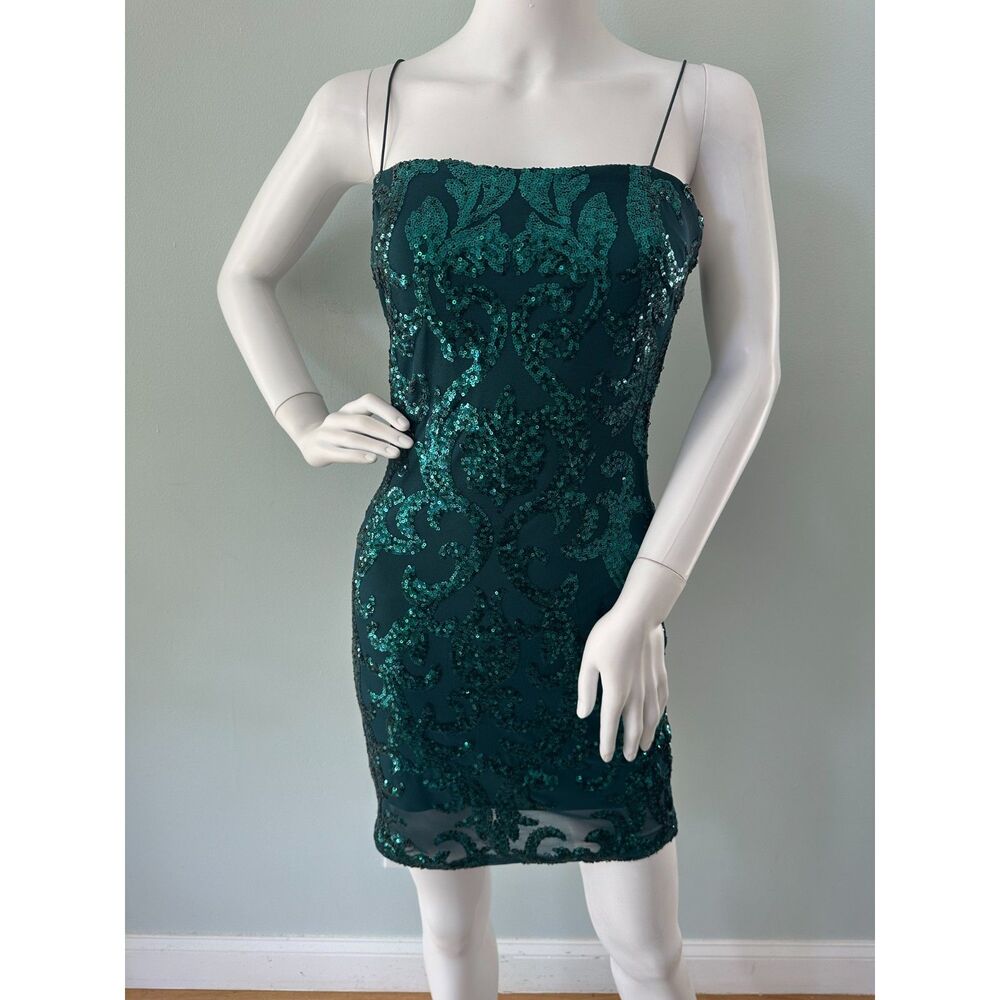 Emerald Green Damask Sequin Mini Dress size M Spaghetti Straps Cocktail Party